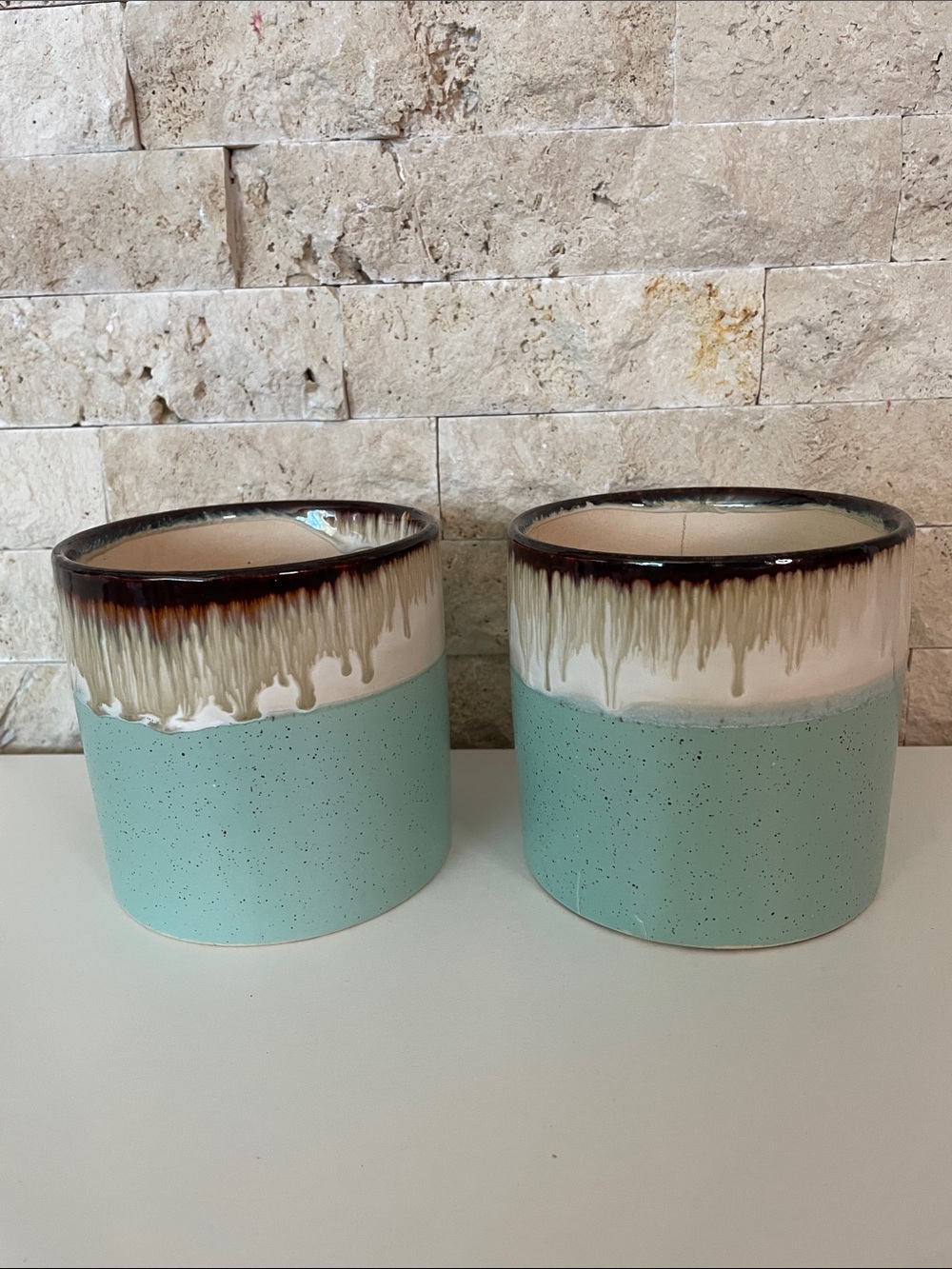 Speckled Mint Ceramic Planters with Drip Glaze